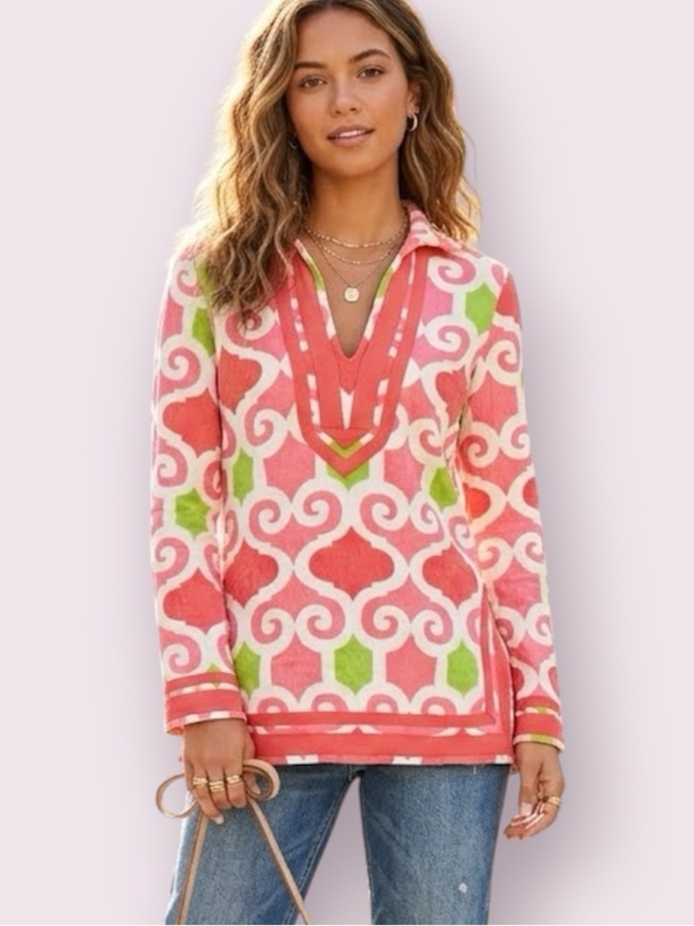 Boston Proper Terry Cloth Long Flare Sleeve Top White Pink Green Size Small